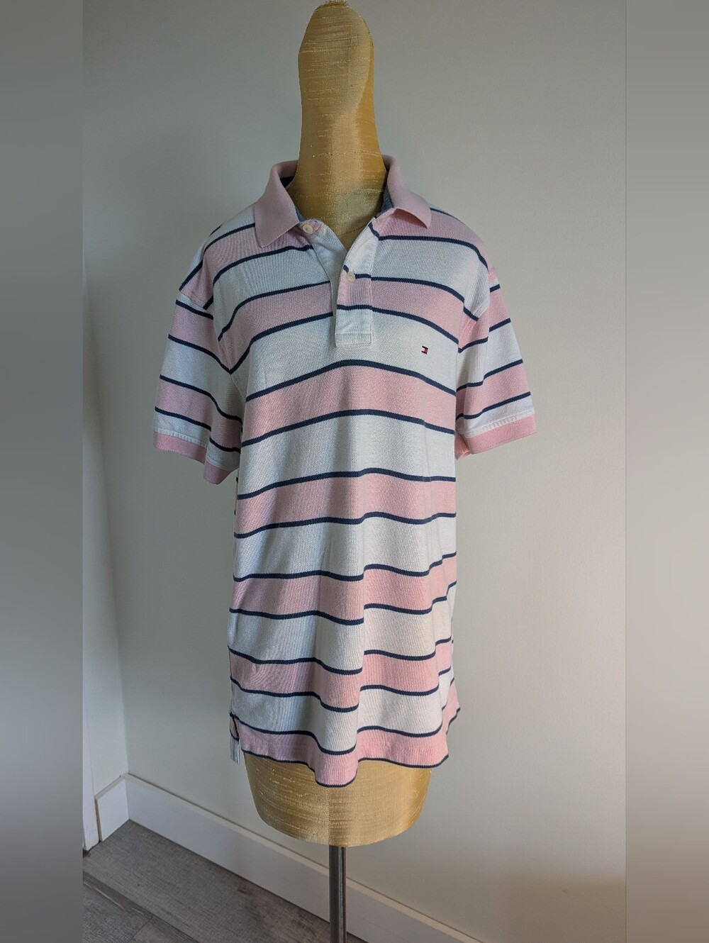 Tommy Hilfiger Striped Polo Shirt Pink White Navy Blue Size Medium M